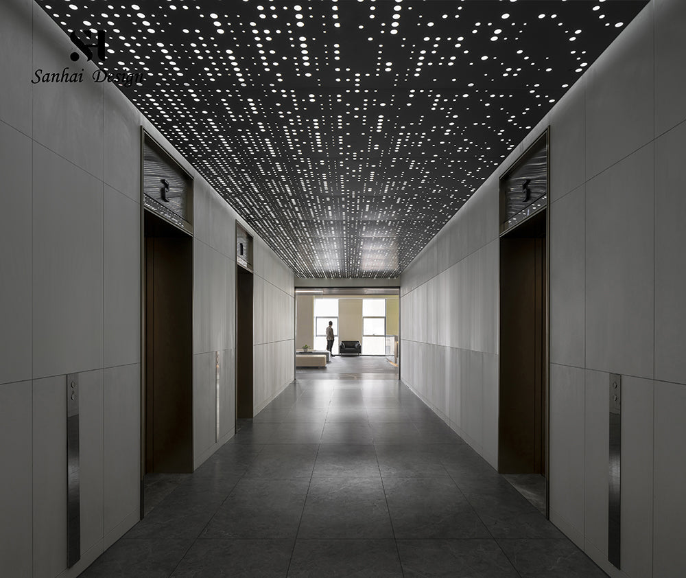 Office corridor design with a ceiling that looks like a starry sky