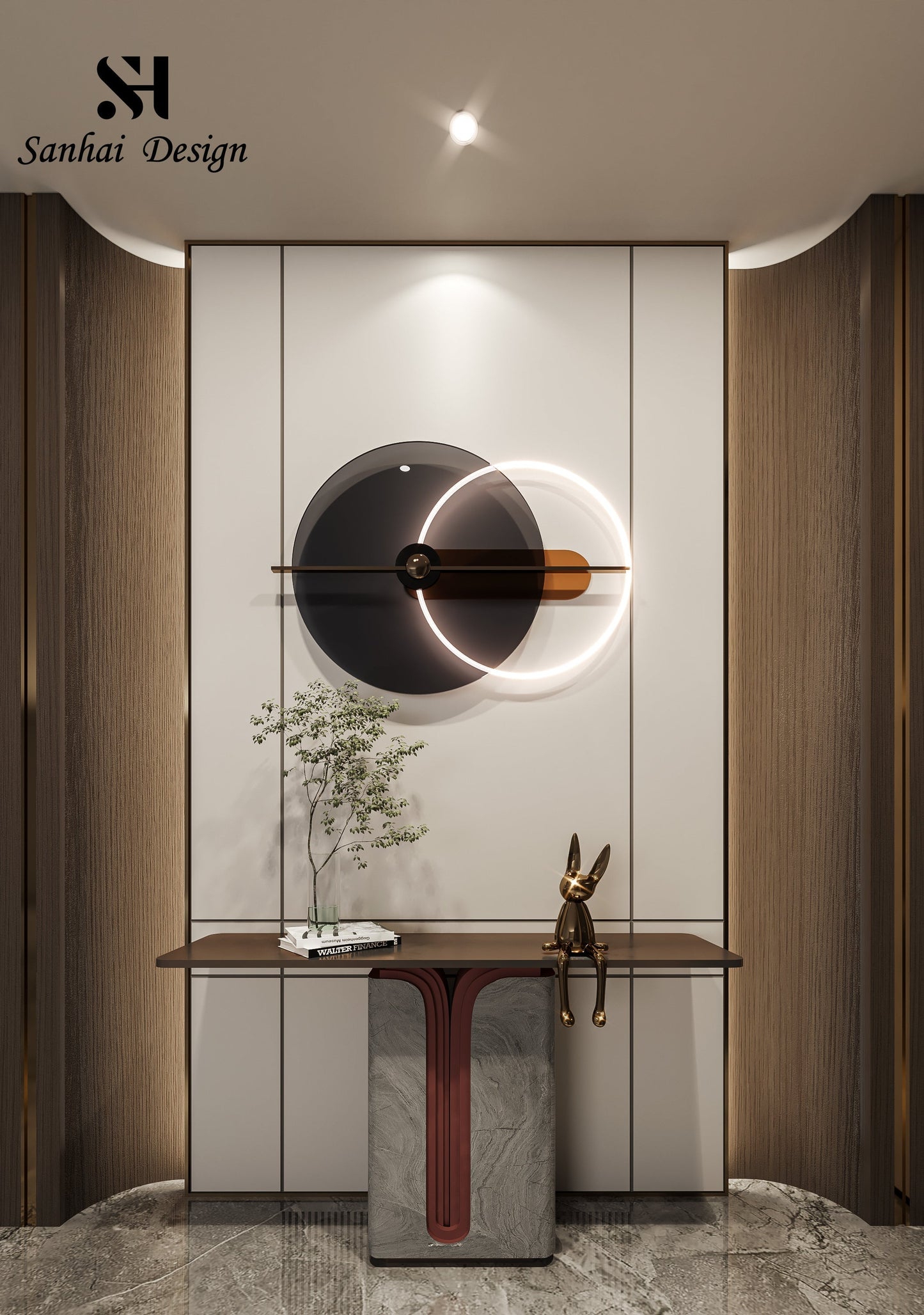 The corridor of the light luxury apartment has green plants and exquisite furniture