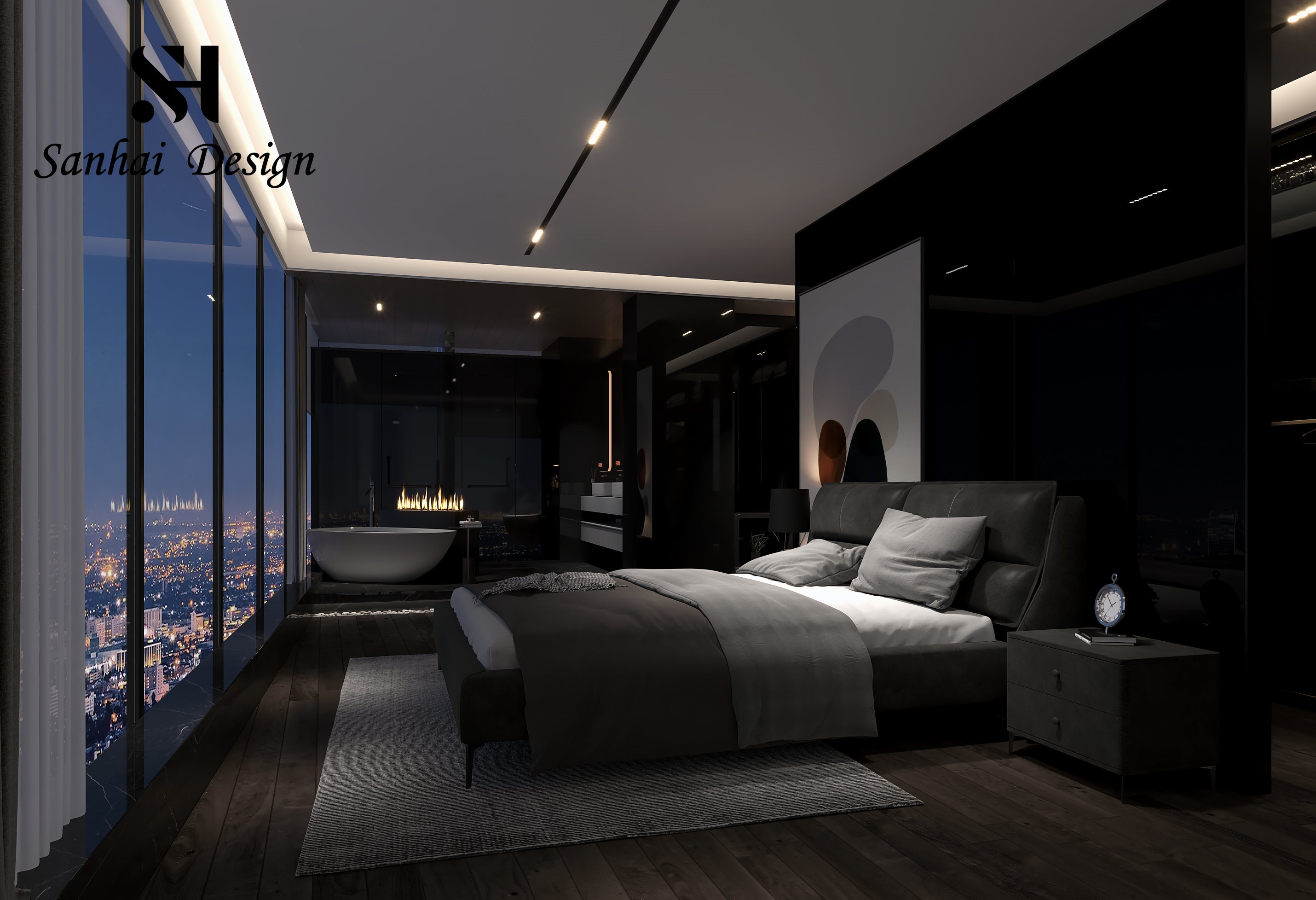 cool black style interior design for bedroom