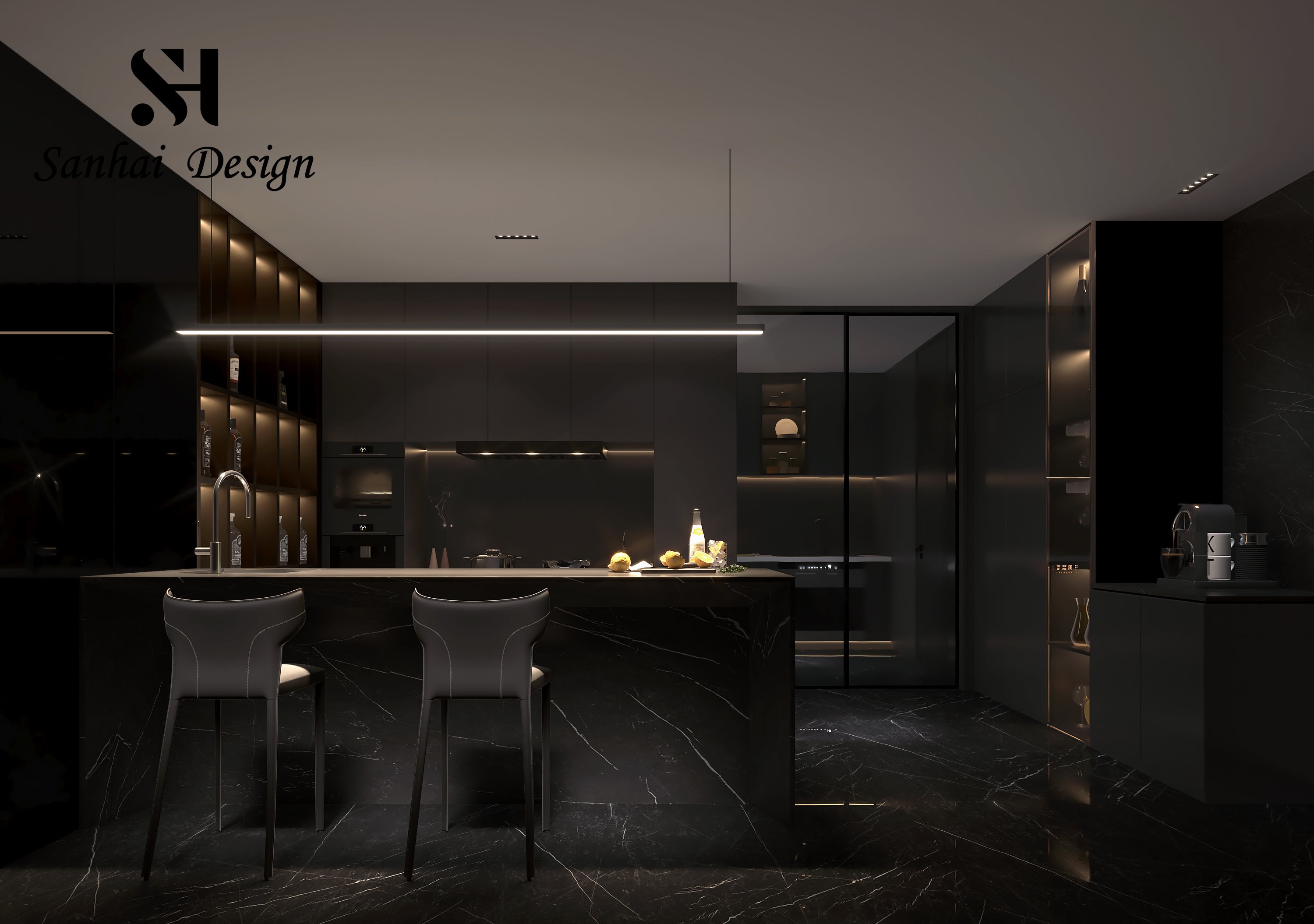 black style open kitchen design