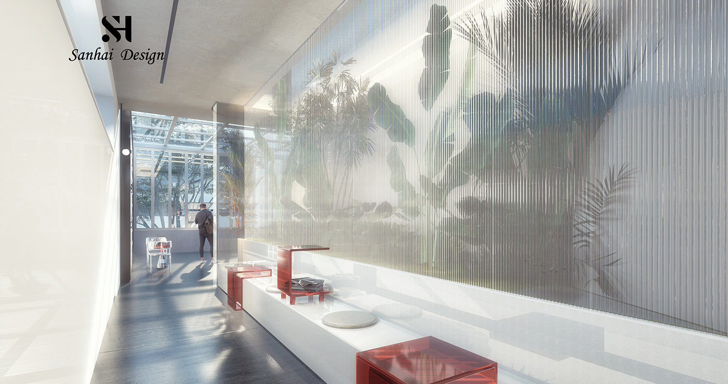 Sunlight shines on a wall of plants covered by glass