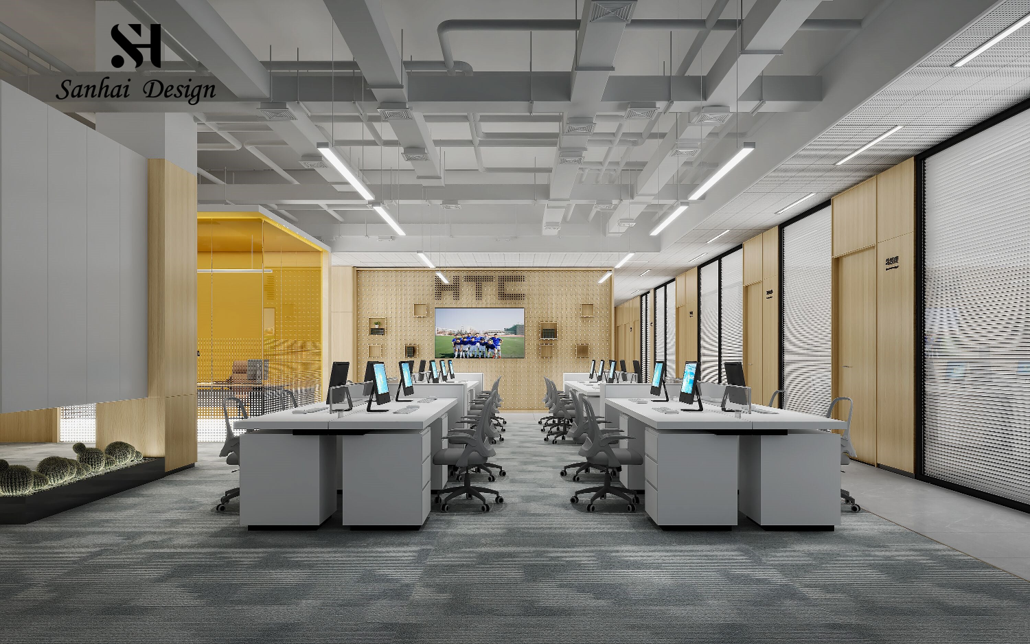 3D rendering of industrial style office decor