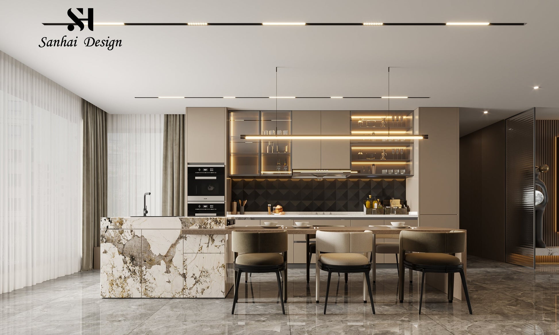 Open kitchen with marble island in luxury villa