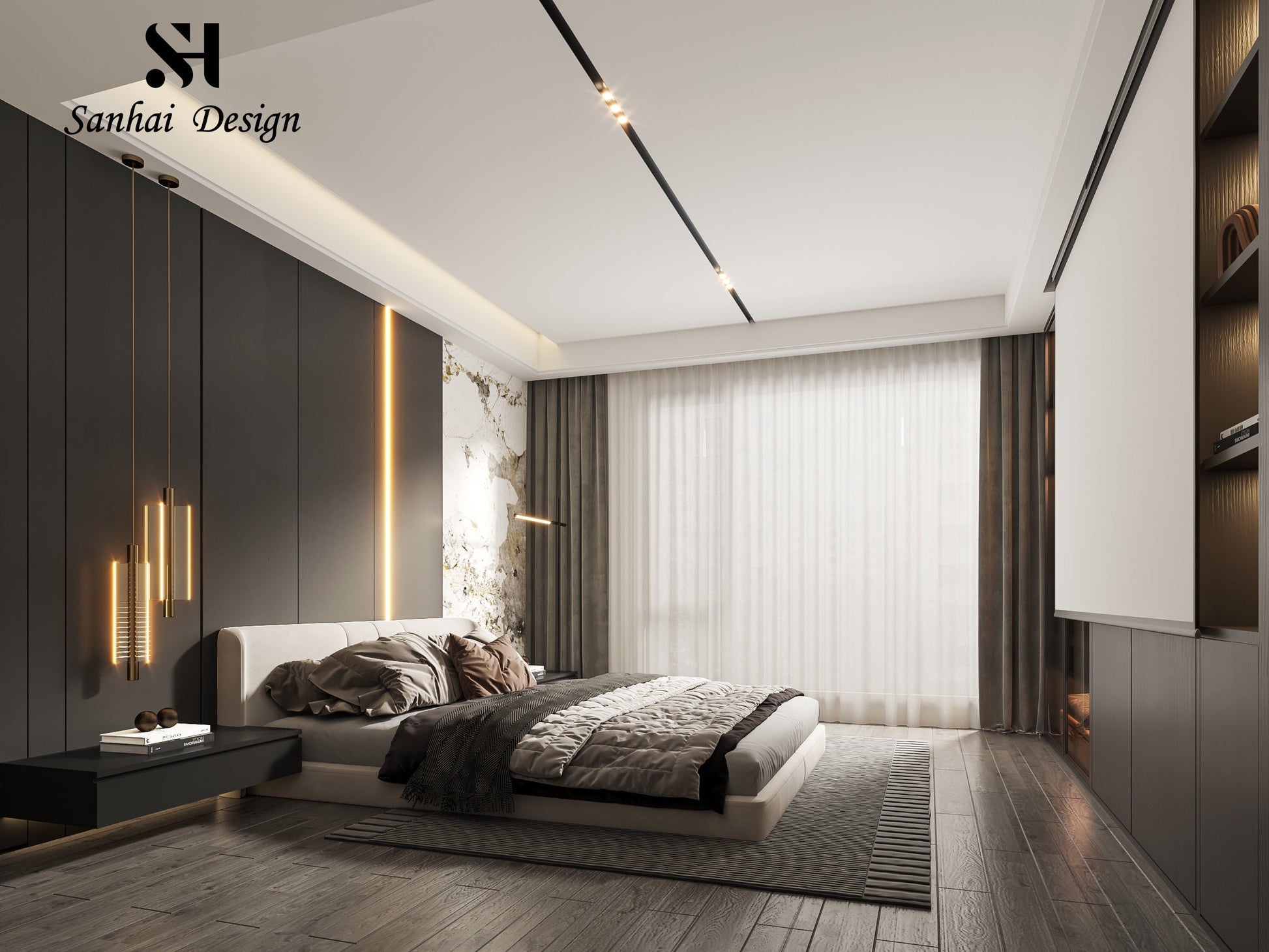 Stylish master bedroom in grey tones